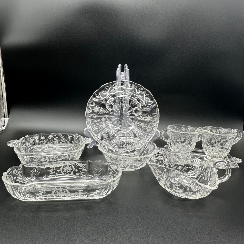 Fostoria Chintz Baroque Clear Etched Glass Hostess Serving Set 8 Piece Vintage
